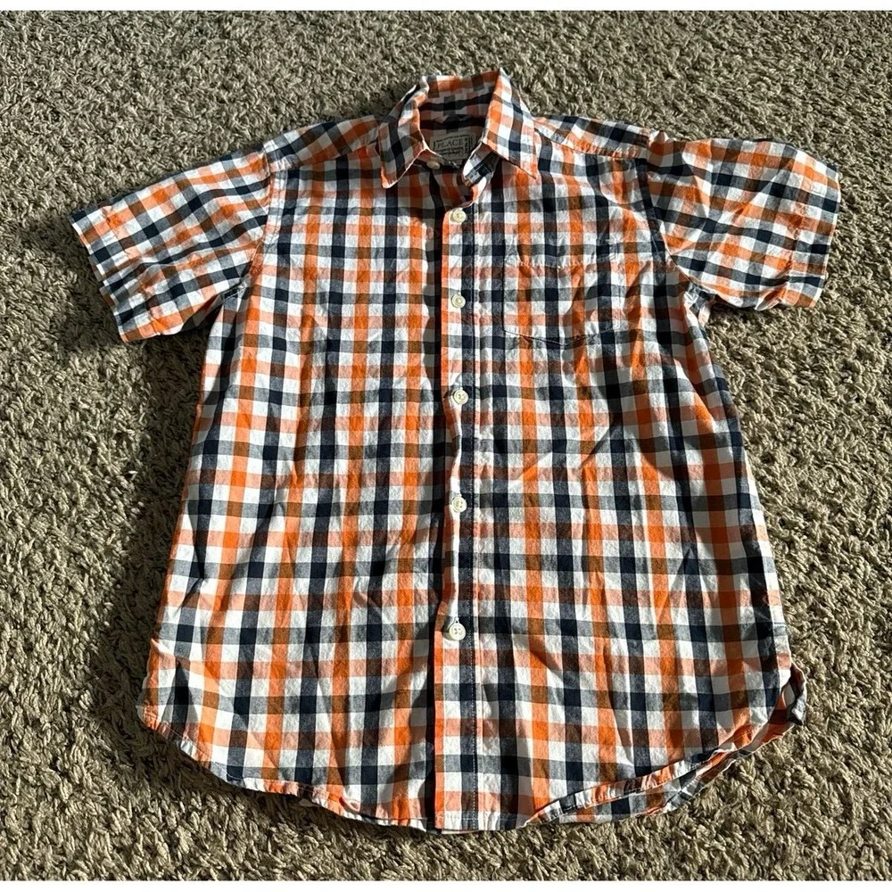 Place Boys White Orange Navy Blue Plaid Short Sleeve Button Down Size 7/8